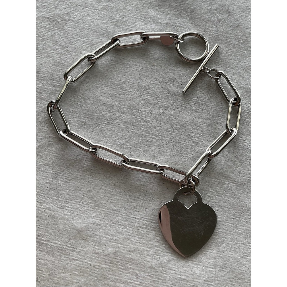 RL Italy 925 Sterling Silver paperclip chain bracelet Heart Tag Charm Toggle